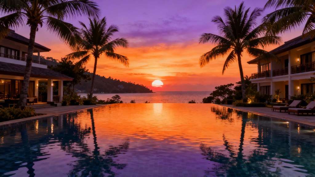 Luxury Phuket villa with infinity pool at sunset.