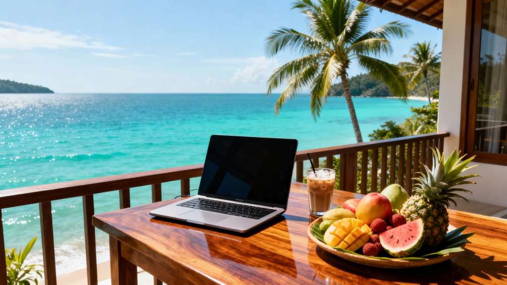 Laptop on a villa balcony overlooking the sea in Phuket.