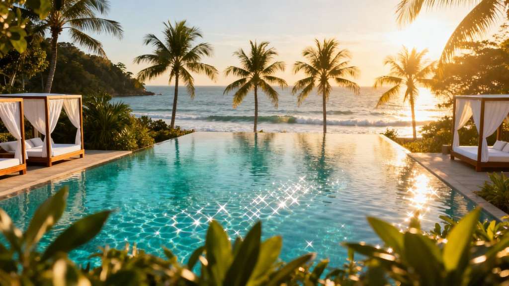Luxury resort pool with ocean view in Phuket, Thailand.