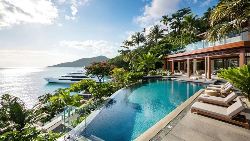 Luxury villa with infinity pool and yacht in Phuket.