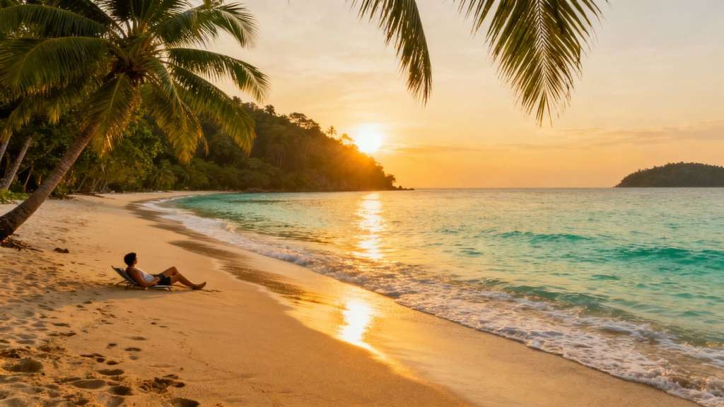 Person relaxing on a beautiful Phuket beach at sunset.