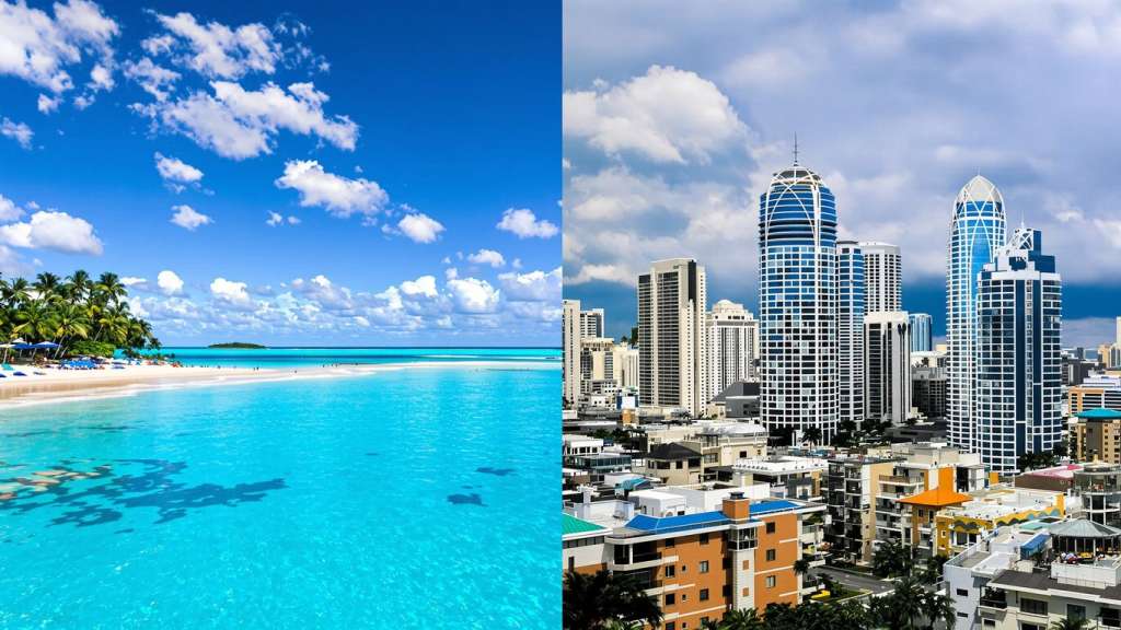Phuket beach meets Dubai skyline comparison.