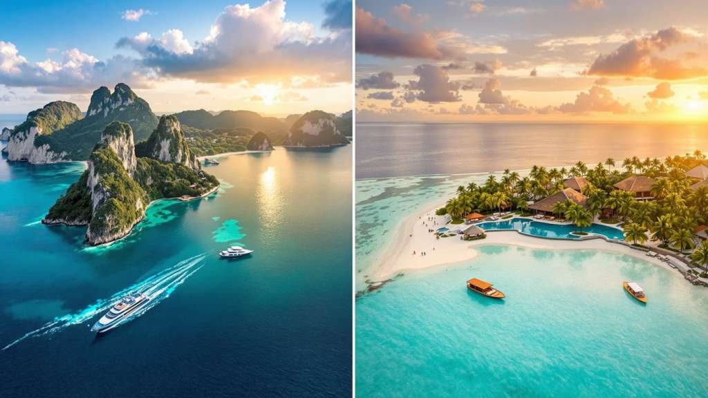 Split-screen Phuket and Koh Samui luxury villas, beaches, yachts, sunsets.