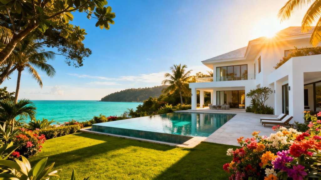 Luxury villa with infinity pool overlooking the sea.