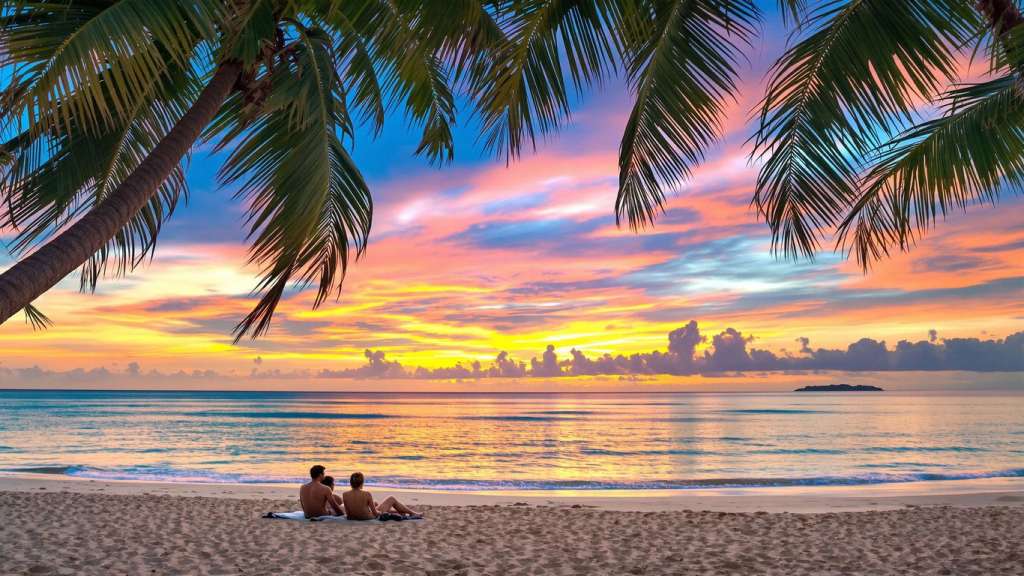 Couple relaxing on a Phuket beach at sunset.