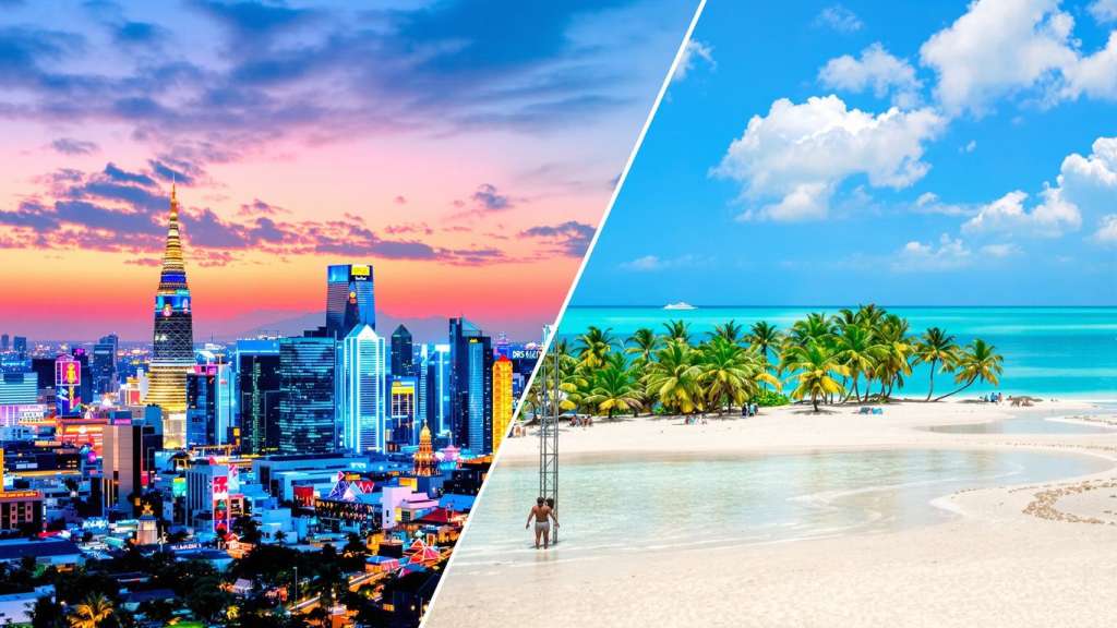 Phuket beach contrasted with Bangkok city skyline.