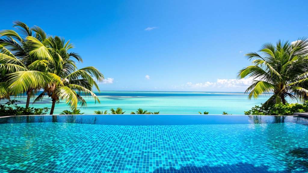 Infinity pool overlooking turquoise ocean with palm trees.
