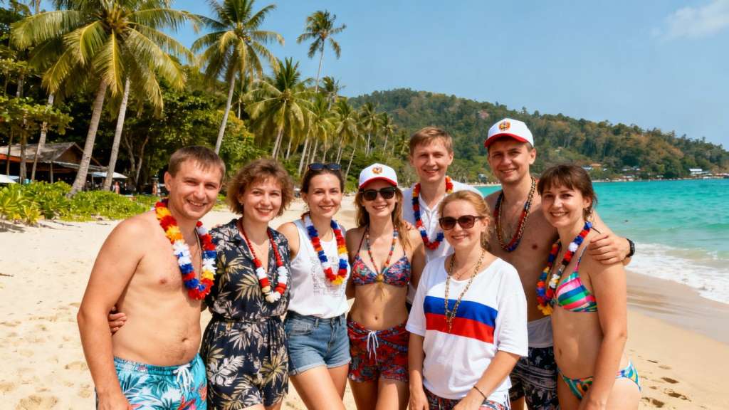 Russians relaxing together on a sunny Phuket beach