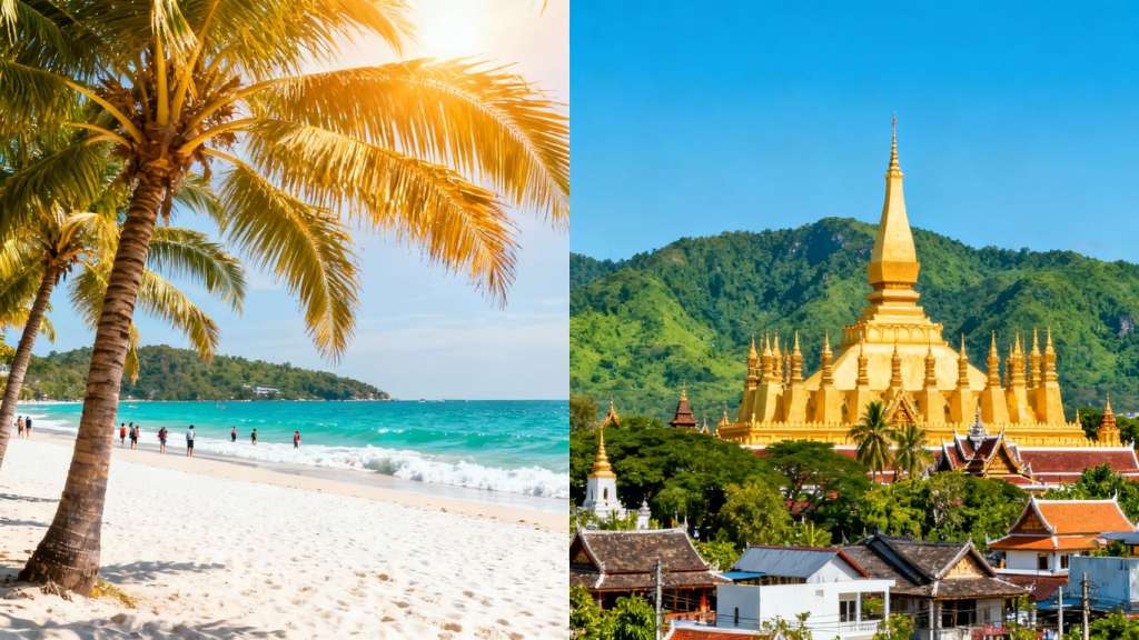 Phuket beach and Chiang Mai temple contrast scene