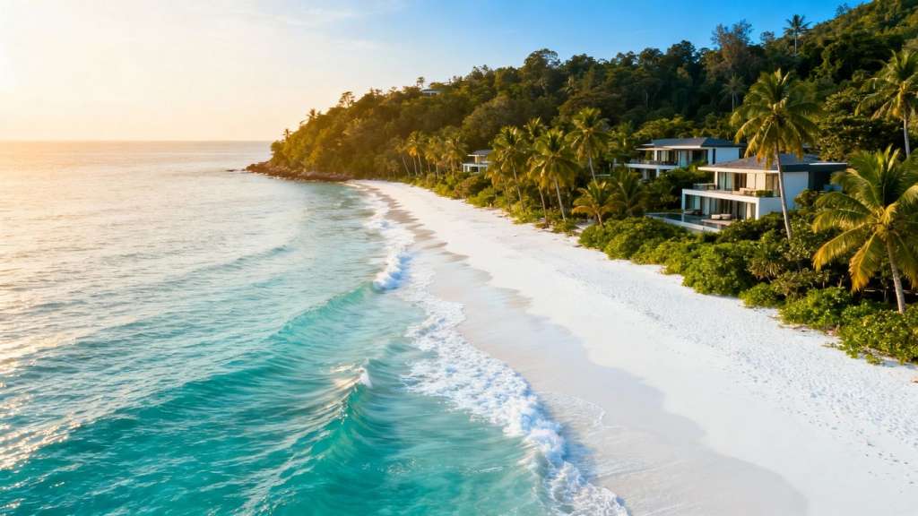 Pristine beachfront land with palm trees and turquoise sea.