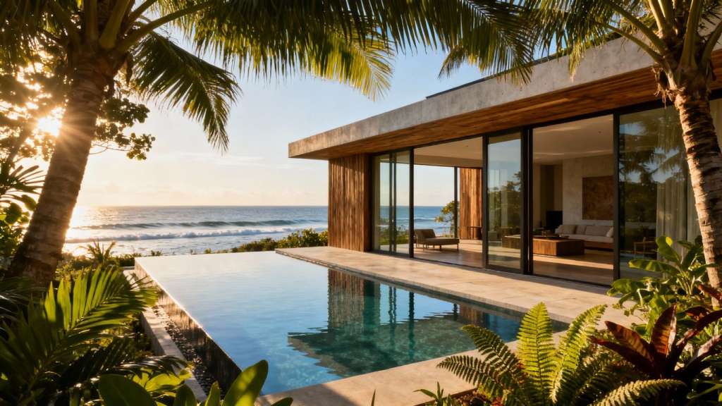 Luxury eco-villa with infinity pool and ocean view.