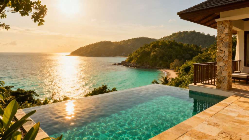 Luxury villa balcony with ocean view in Phuket.