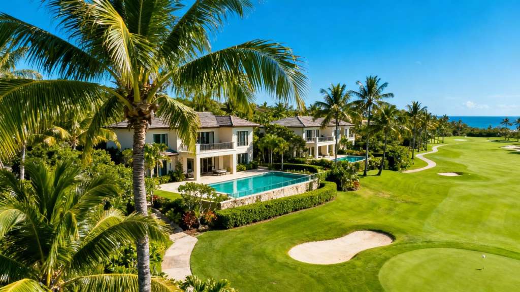 Phuket golf course with luxury villas and palm trees.