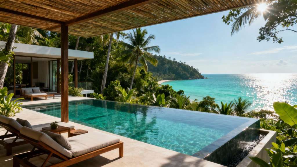Luxury villa with infinity pool overlooking tropical sea.