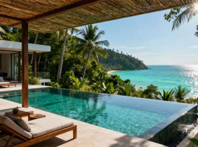 Luxury villa with infinity pool overlooking tropical sea.
