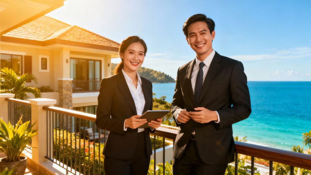 Phuket real estate agent with ocean villa view.