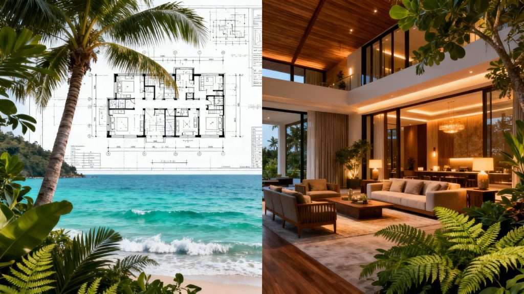 Phuket villa: blueprint versus finished luxury home.