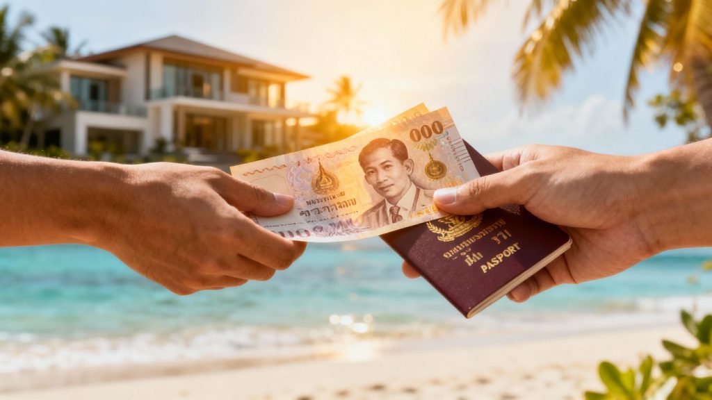 Hands exchanging Thai Baht for property purchase.