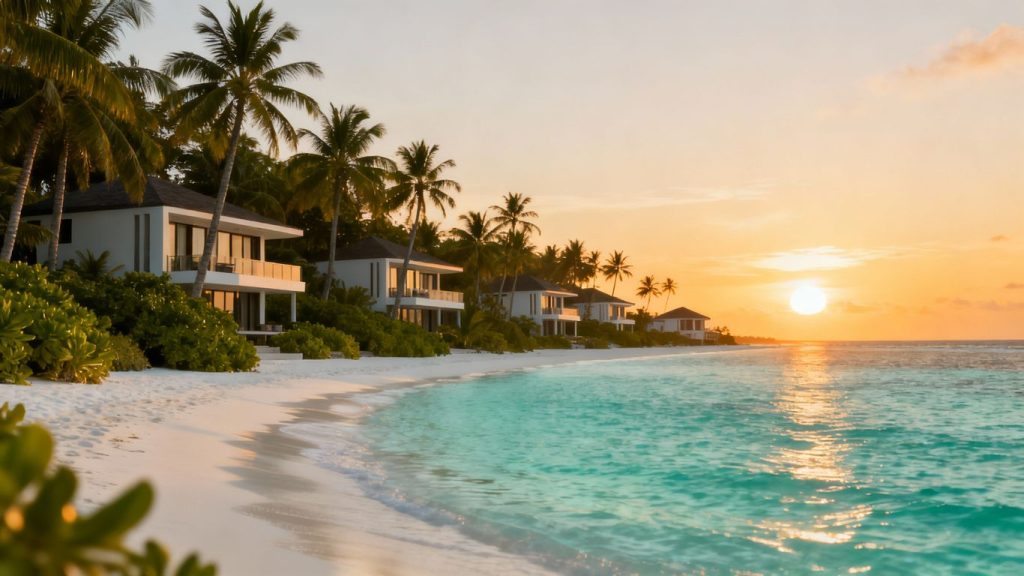 Phuket beach with villas and sunset.