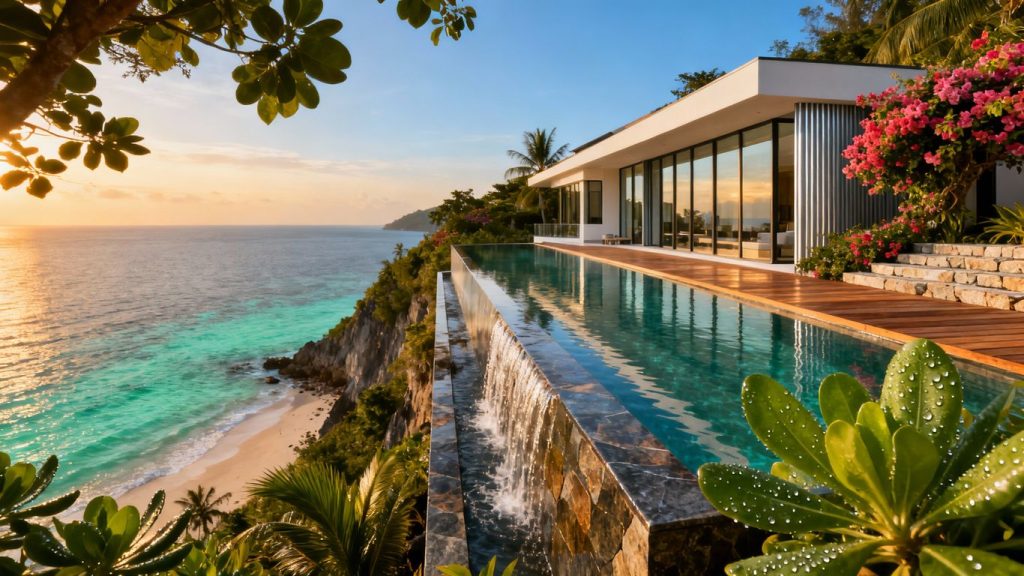 Luxury Phuket villa with infinity pool overlooking the sea.