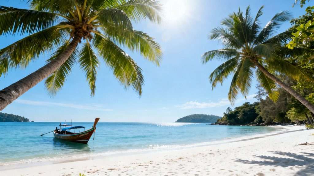 Phuket beach with palm trees and a longtail boat.