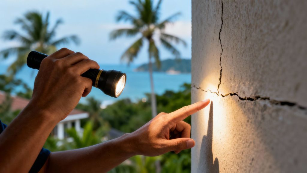 Close-up of property inspection in Phuket, Thailand.