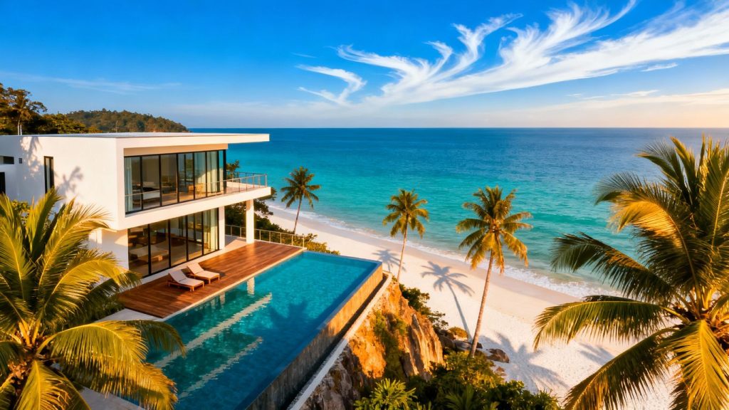 Luxury villa with infinity pool overlooking a tropical Phuket beach.