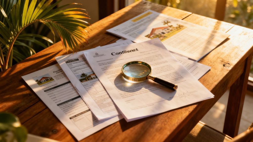Phuket property due diligence checklist with documents and magnifying glass.