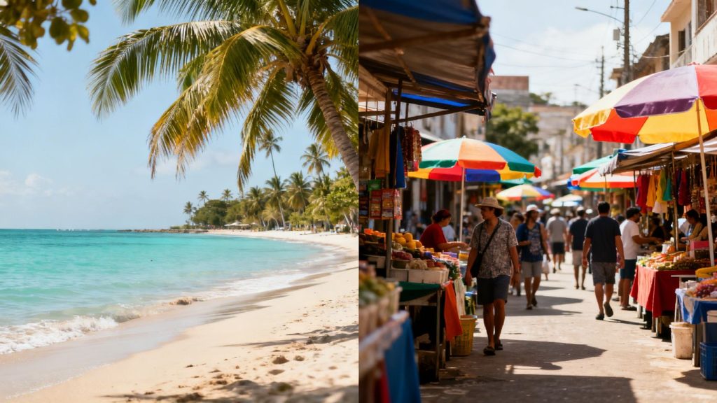 Phuket beach and market scenes side-by-side.
