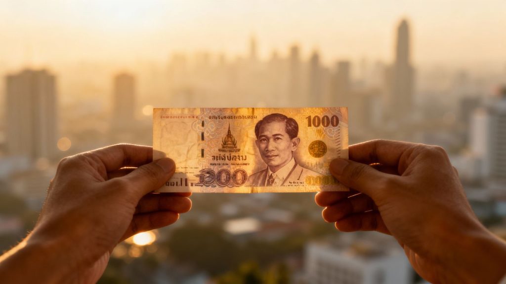 Thai Baht banknote held between hands, cityscape background.