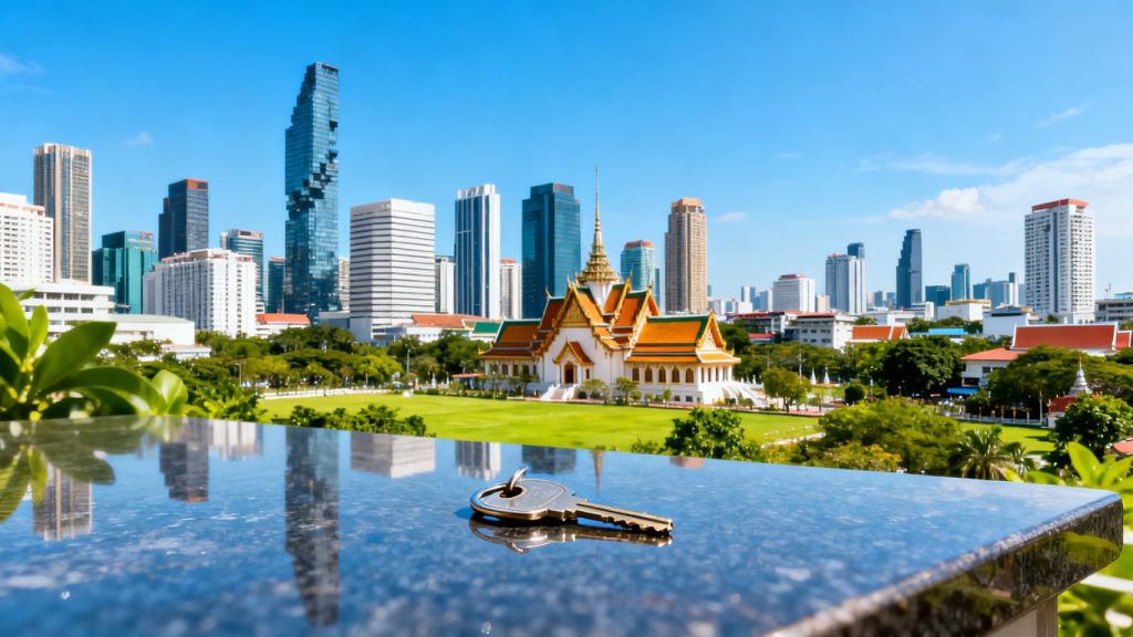 Thai cityscape with modern and traditional buildings, hinting at property.