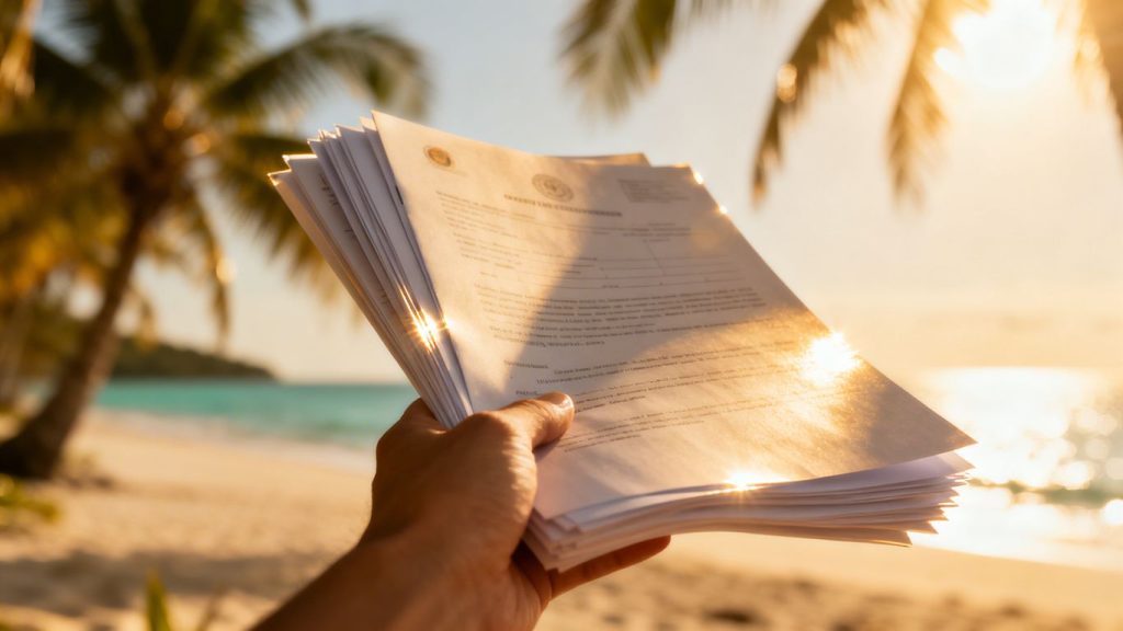 Phuket property documents with a beach backdrop.