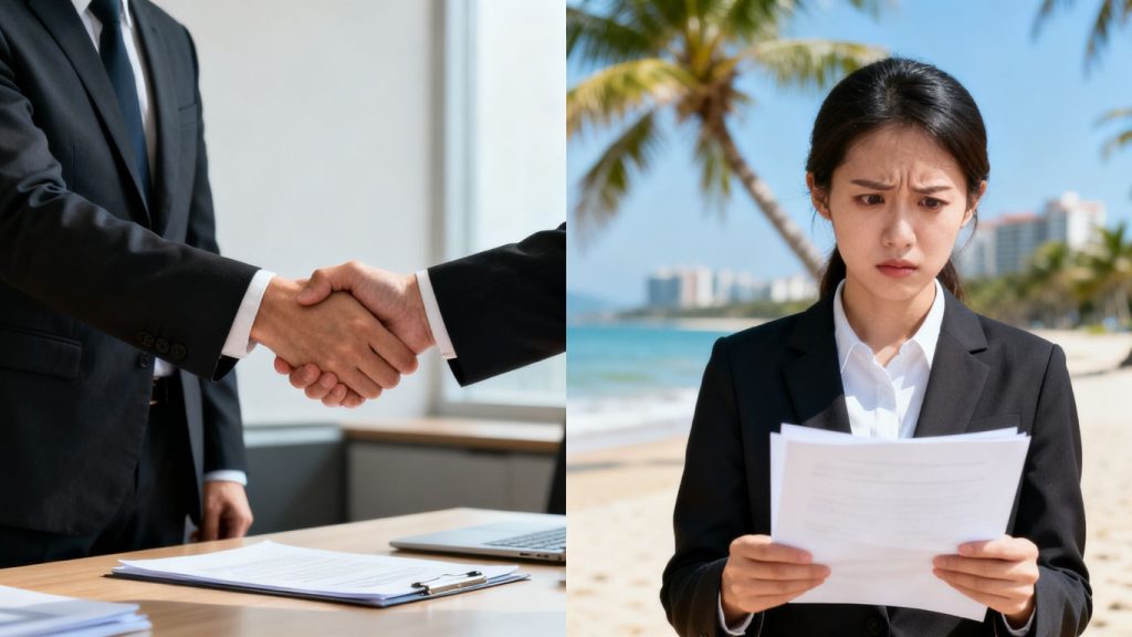 Handshake and confused person with Phuket buildings.