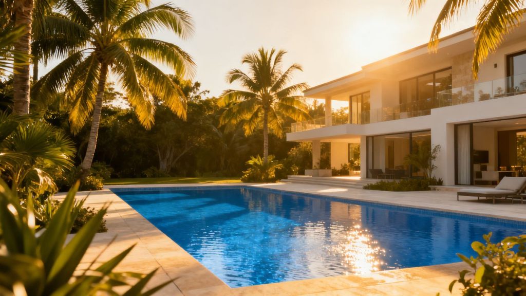 Phuket villa with pool and palm trees.