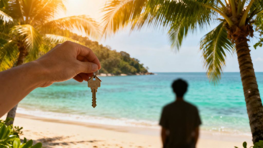 Phuket beach with a hand holding house keys.