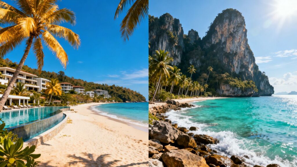 Phuket and Krabi beaches with resorts and cliffs.