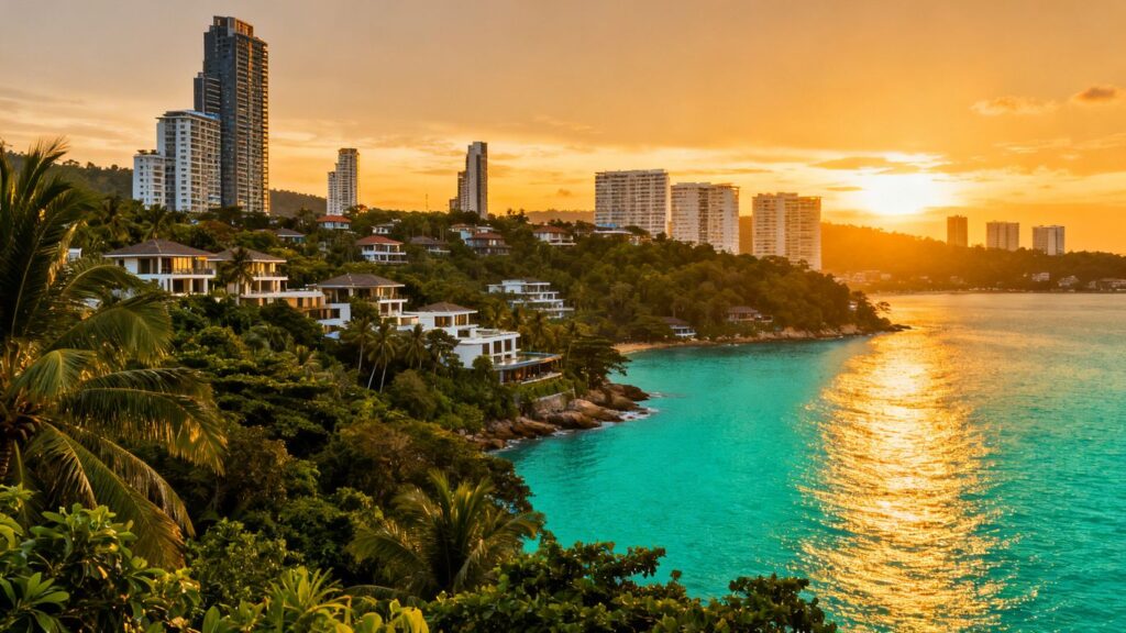 Phuket skyline with sea and tropical greenery at sunset.