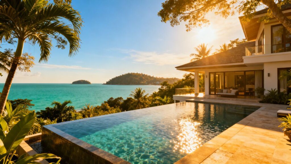 Luxury Phuket villa with infinity pool overlooking the sea.