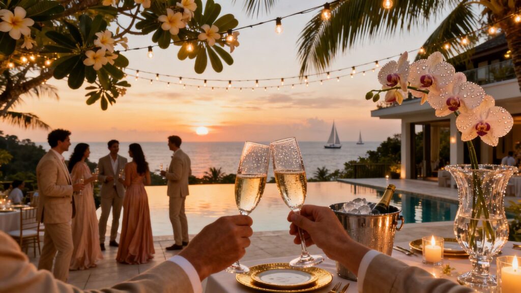 Elite social scene at a Phuket villa during sunset.