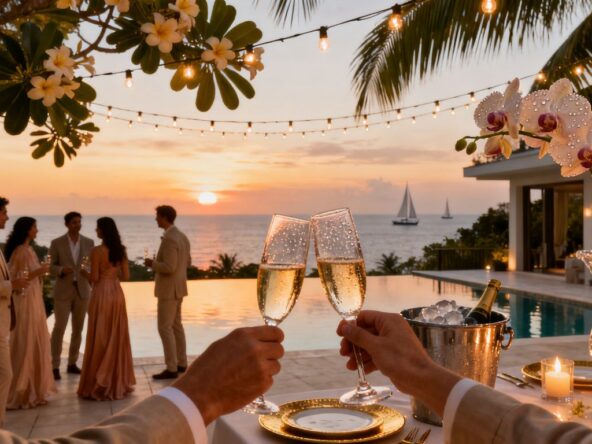 Elite social scene at a Phuket villa during sunset.