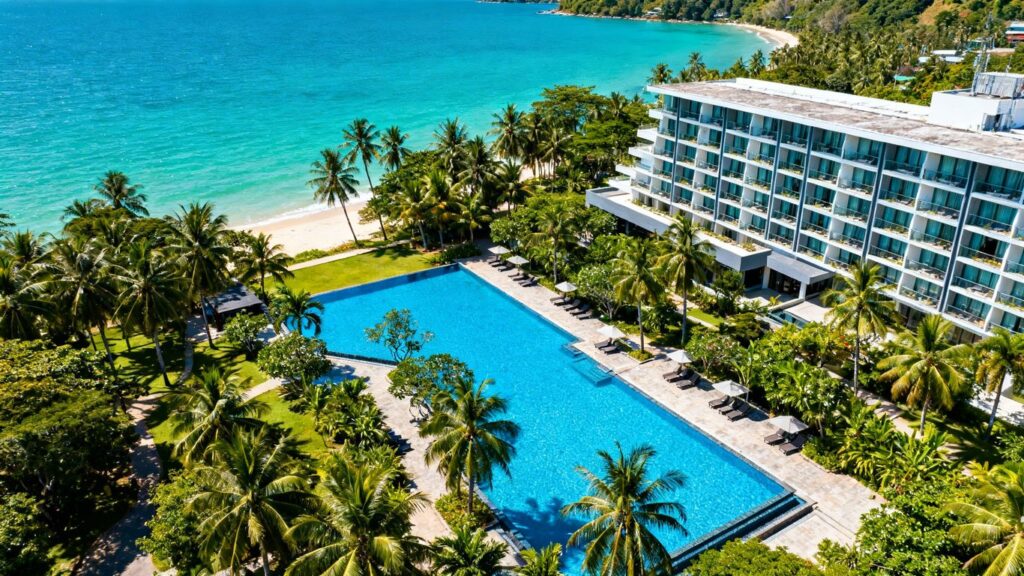 Modern resort buildings with swimming pools in Phuket.