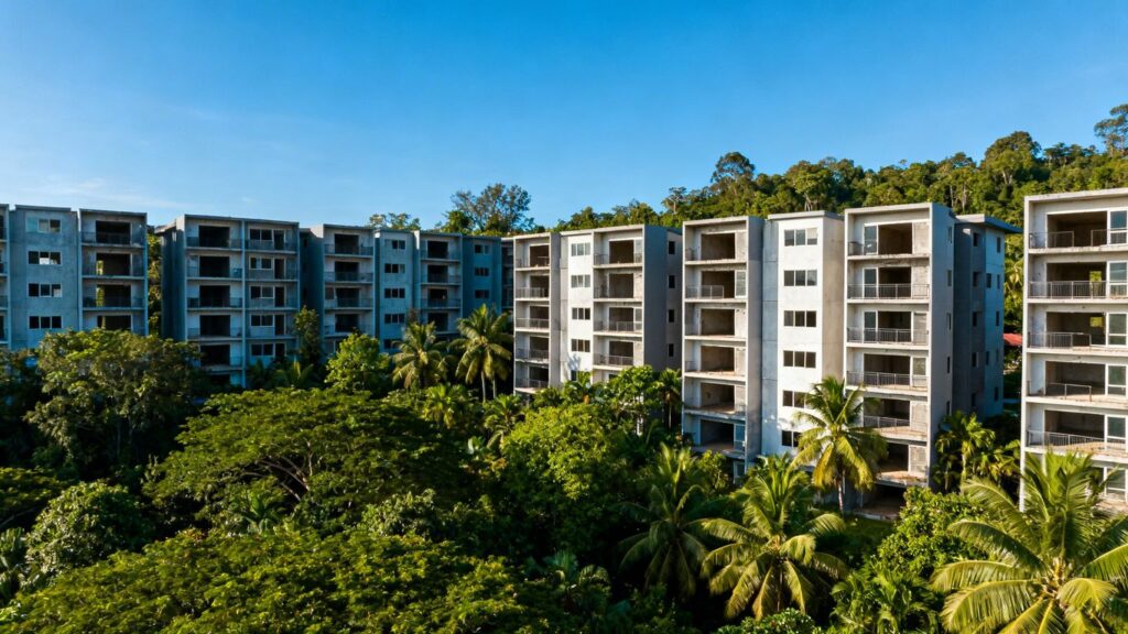 Phuket condominiums with empty balconies under a blue sky.