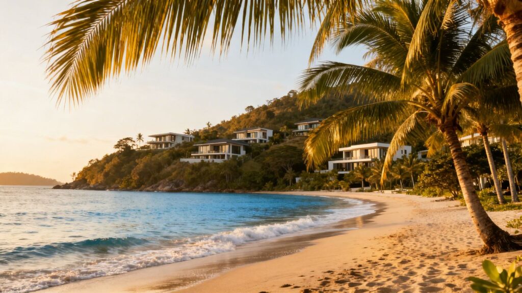 Phuket beach with villas, symbolizing tourism and property.