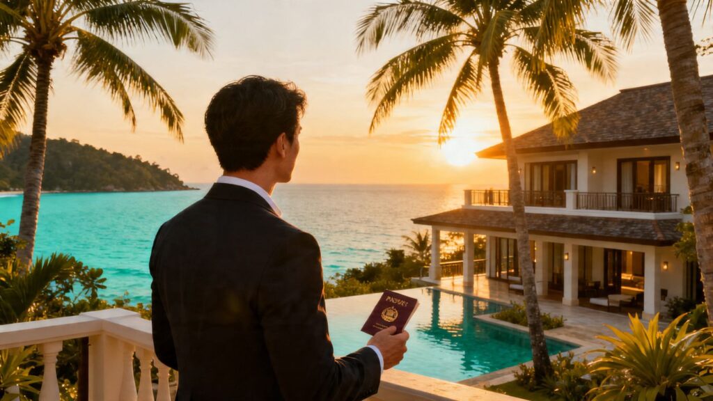 Phuket villa with ocean view and person holding passport.
