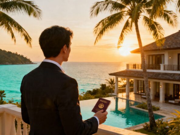 Phuket villa with ocean view and person holding passport.