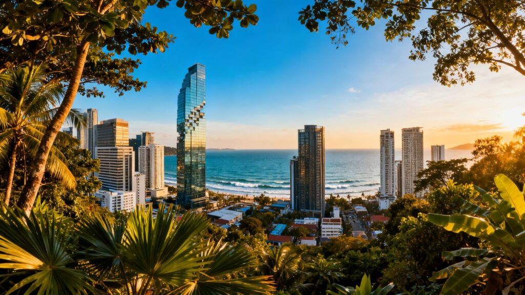 Phuket cityscape with sea and tropical greenery.