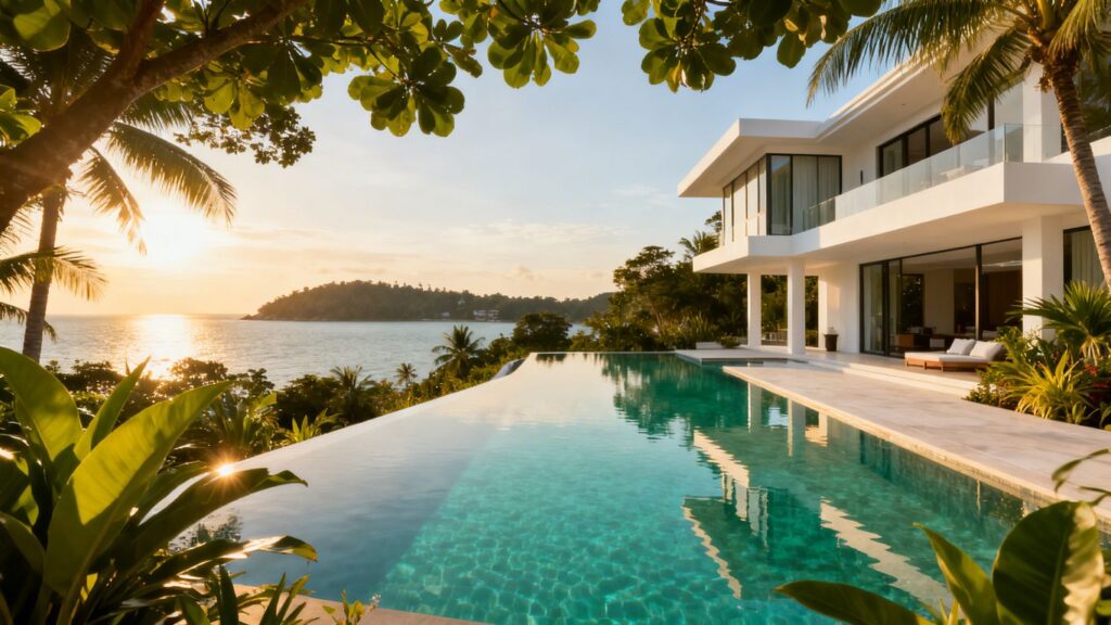 Luxury villa in Phuket overlooking the sea.