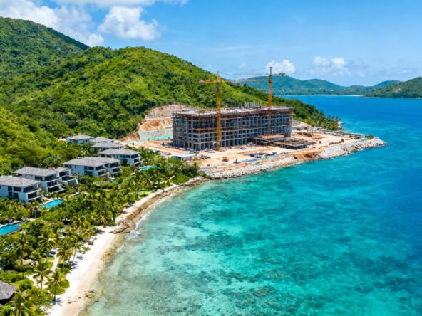 Phuket coastline with resorts and new construction.