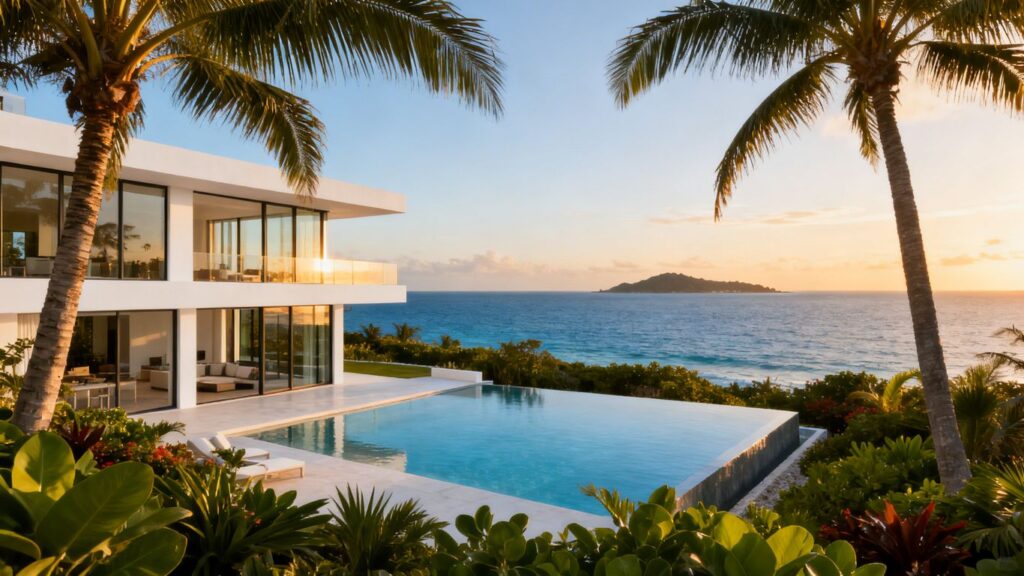 Phuket villa overlooking the ocean with palm trees.