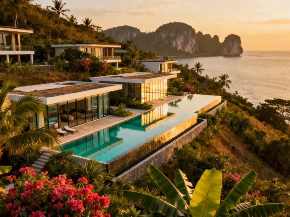 Luxury villas in Phuket overlooking the ocean.